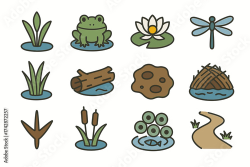 Collection of stylized wetland icons featuring flora, fauna, and natural elements