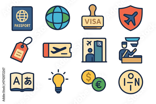 Travel icons: passport, visa, flight ticket, currency exchange, check-in, boarding