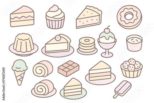 Assorted desserts collection: cakes, cupcakes, ice cream, donuts, and more