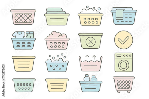 Pastel colored laundry icons collection featuring baskets and washing symbols