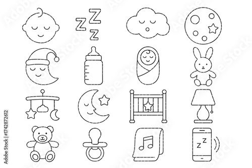 Baby sleep icons set with moon, cloud, teddy bear, mobile, and music symbols
