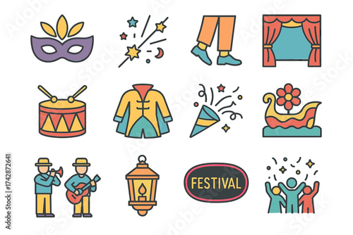 Colorful festival icons featuring mask, music, and celebration elements