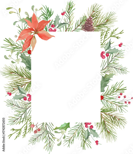 Merry Christmas frame with watercolor Poinsettia,  Holly, Mistletoe, Winter Greenery Illustrations. Vector EPS.