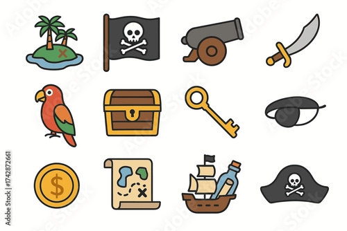 Pirate adventure icons: treasure map, ship, parrot, skull flag, cannon, sword