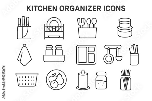 Minimalist kitchen organizer icons set - line style for modern kitchens