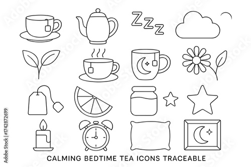 Outline icons of calming bedtime tea with cups, teapot, and sleep symbols