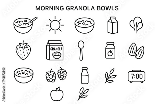 Morning granola bowls: breakfast icons with cereal, fruit, and milk