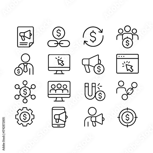 Affiliate marketing vector icon set. Outline symbols. Line design