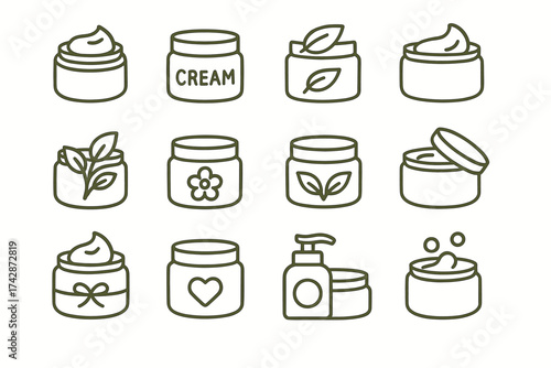 Collection of skincare cream icons featuring jars with botanical and decorative elements