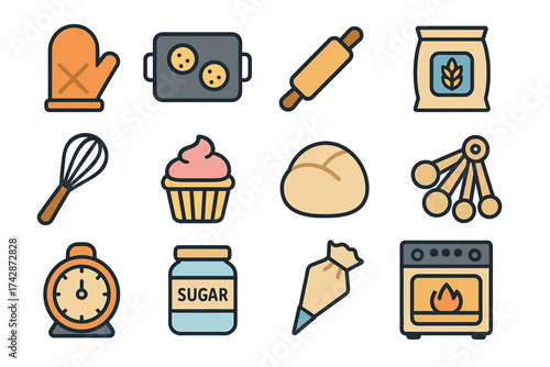 Baking tools and ingredients icons: oven, rolling pin, cupcake, bread, sugar