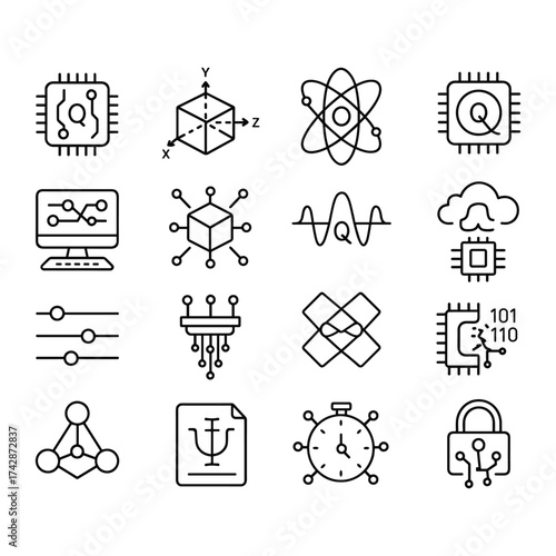 Advanced computing technology icons. Outline symbols. Line design