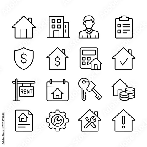 Building management vector icons. Outline symbols. Line design
