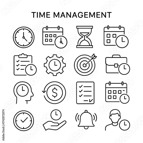 Time management vector icons collection. Outline symbols. Line design