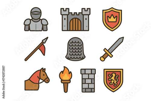 Medieval icon set featuring armor, castle, weapons, horse, and shields