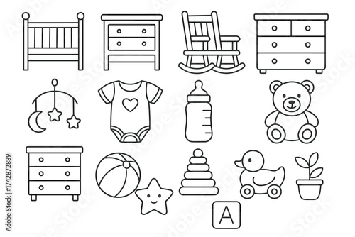 Baby nursery essentials: crib dresser rocking chair toys and accessories set
