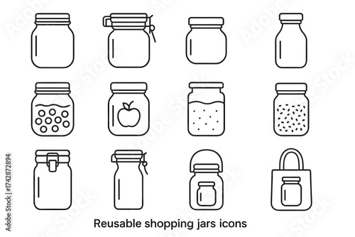 Set of 11 reusable shopping jar icons featuring different lids and contents