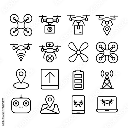 Remote control aircraft vector icon pack. Outline symbols. Line design
