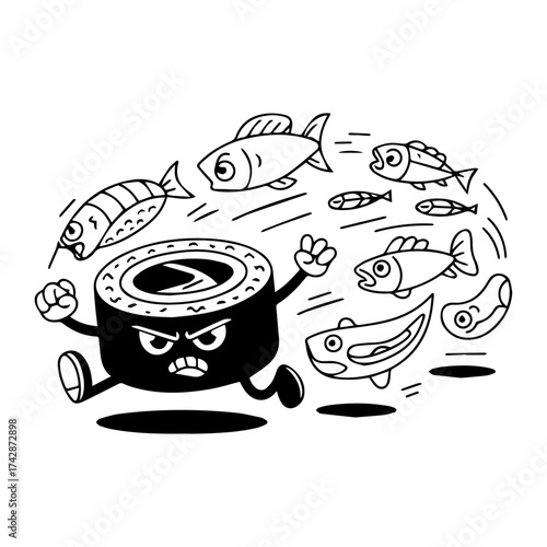 Angry Sushi Chase  Funny Japanese Food Mascot Logo with Peppers Running Away