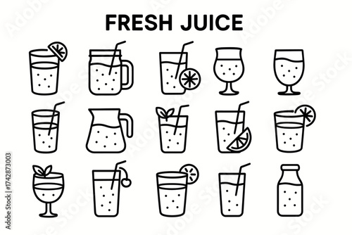Various fresh juice icons featuring different glasses and garnishes