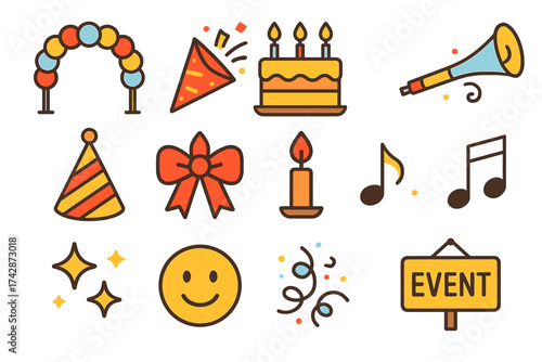 Colorful party icons collection: balloons, cake, music, and celebration symbols