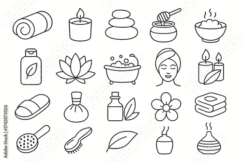 Outline icons of spa and relaxation items: candles, stones, towels, aromatherapy, bath