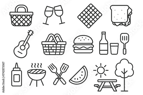 Picnic themed icons: basket, grill, guitar, and refreshments