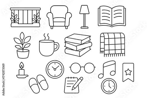 Cozy home essentials: books, armchair, lamp, tea, blanket, plant, candle, clock