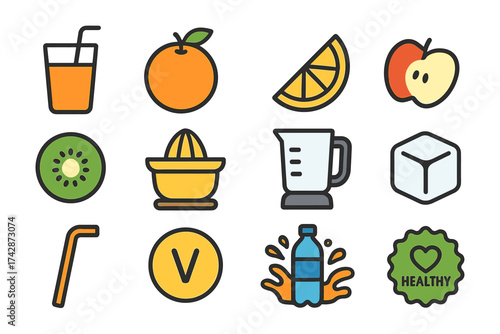 Colorful fruit and drink icons featuring juices, fruits, blenders, and healthy symbols