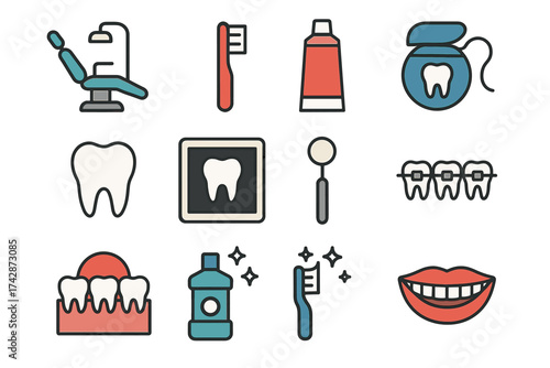 Dental care icons: chair, toothbrush, toothpaste, floss, teeth, dentist tools, mouthwash