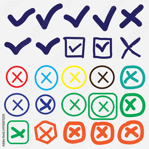 Collection of hand-drawn checkmarks and crosses in various colors and styles for approval and rejection