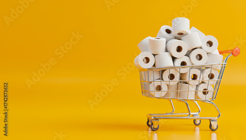 Shopping Cart Filled With Toilet Paper Rolls on Yellow Background for Buying Goods