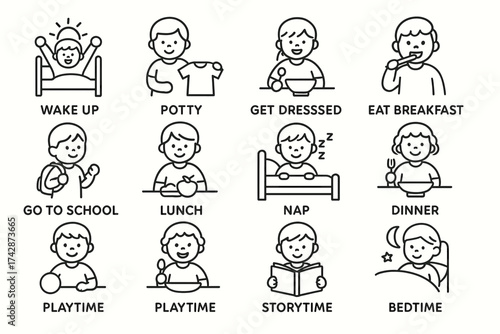 Daily routine of a child: wake up, eat, play, sleep, and more illustrated activities