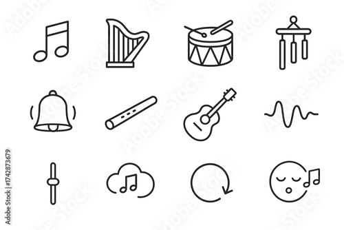 Music icon collection featuring instruments and sound symbols