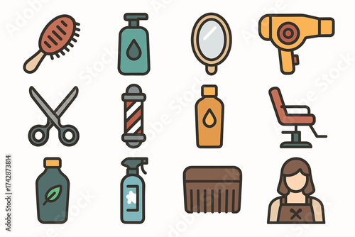 Barber shop icons: scissors, mirror, hairdryer, shampoo, comb, barber pole