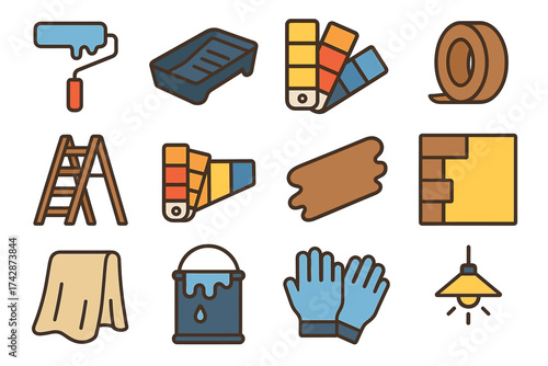 Home renovation tools: paint roller, swatches, ladder, tape, drop cloth, gloves