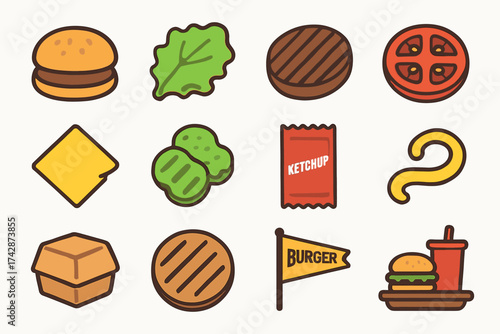Burger ingredients icons: cheeseburger, lettuce, pattys, tomato, pickle, ketchup, mustard