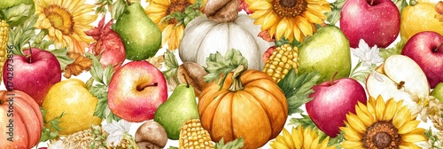 Watercolor autumn harvest composition with pumpkins, fruits, and sunflowers