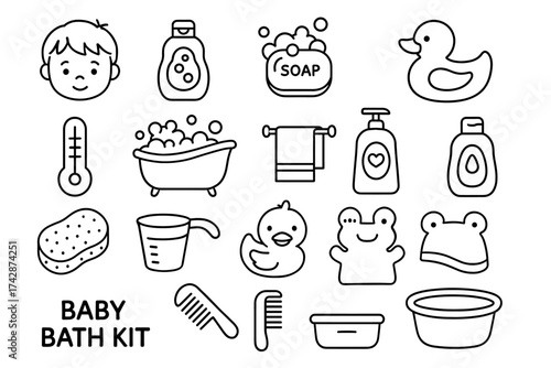 Baby bath kit icons: shampoo, soap, toys, bathtub, thermometer, comb, towel, sponge