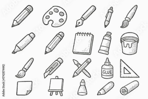 Hand-drawn art supplies sketch: pencils, paint, brushes, and tools
