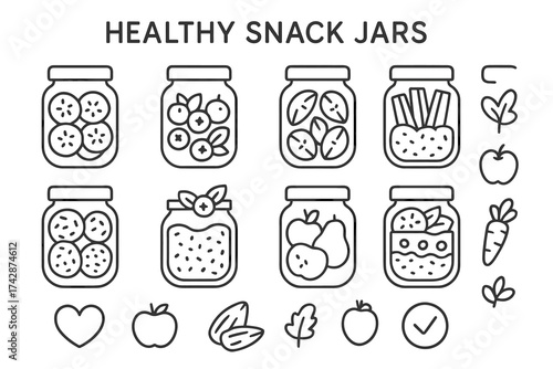 Healthy snack jars: variety of fruits and vegetables in outline icons
