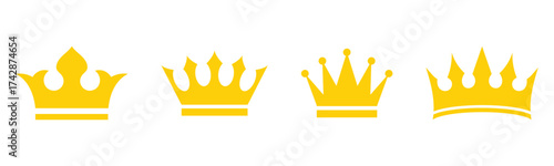  Set of vector crown icons. Royal luxury vintage crown icons.  Classic modern isolated crown icons set. Glowing golden isolated king and queen vector crown icon set on white background.