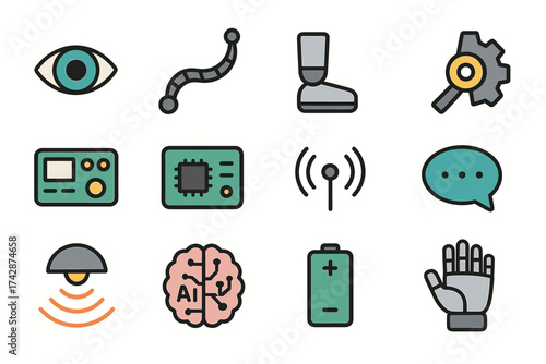 Technology and artificial intelligence icon set with gadgets and symbols