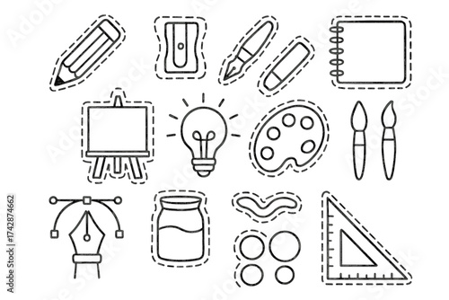 Art tools and supplies doodle set with sketching and painting elements