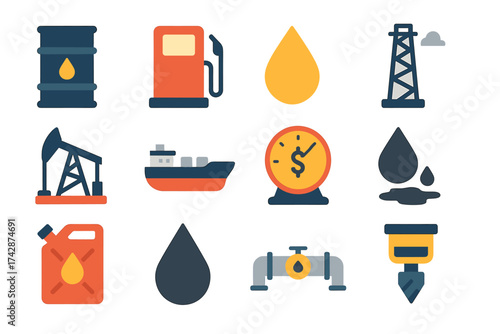 Oil industry icons: barrel, pump, rig, tanker, drop, fuel gauge