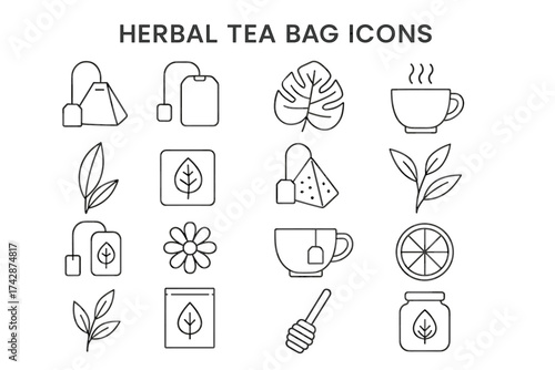 Herbal tea bag icons collection with leaves, flowers, and honey symbols