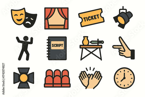 Theater icons collection featuring masks, stage, script, and audience elements
