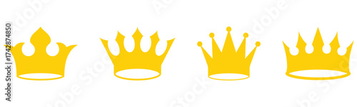  Set of vector crown icons. Royal luxury vintage crown icons.  Classic modern isolated crown icons set. Glowing golden isolated king and queen vector crown icon set on white background.