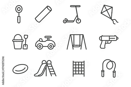 Line art icons of outdoor toys and playground activities for children