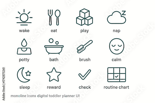 Monoline icons for digital toddler planner: wake, eat, play, nap, sleep, routine