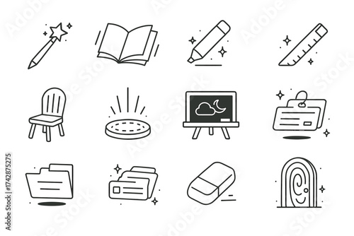Minimalist school icon set: magic wand, book, pencil, ruler, chair, blackboard, eraser, folder